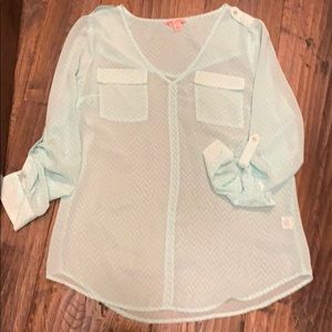 Semi sheer mint or light teal shirt v-neck shirt